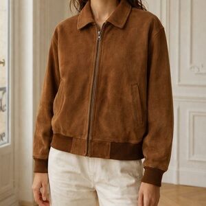Vintage 100% Suede Leather Tan Bomber Jacket Size: L